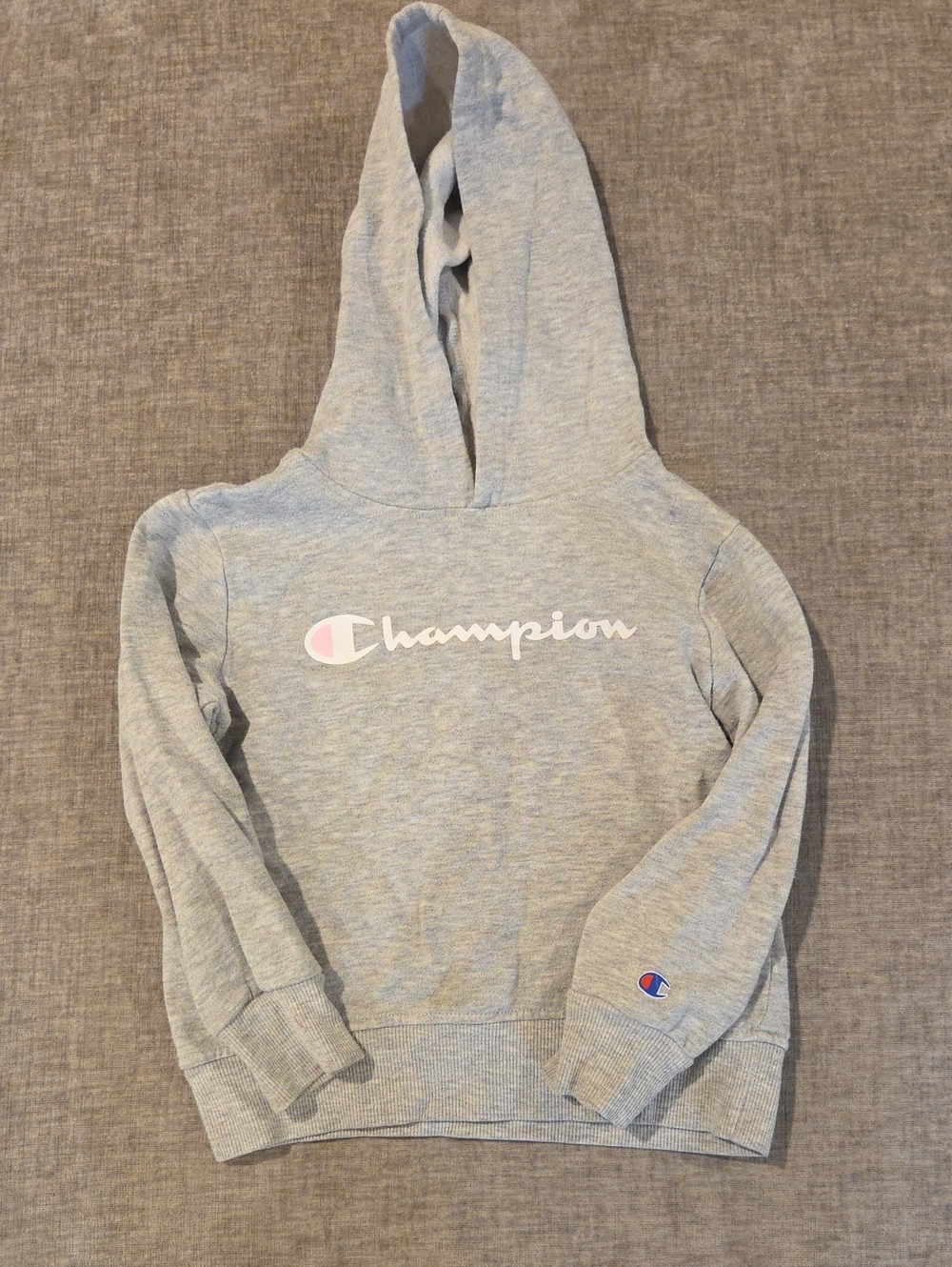 Champion Light Gray Hoodie with Pink Logo Accent